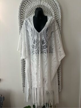 White Lace Fringe V-Neck Swim Coverup